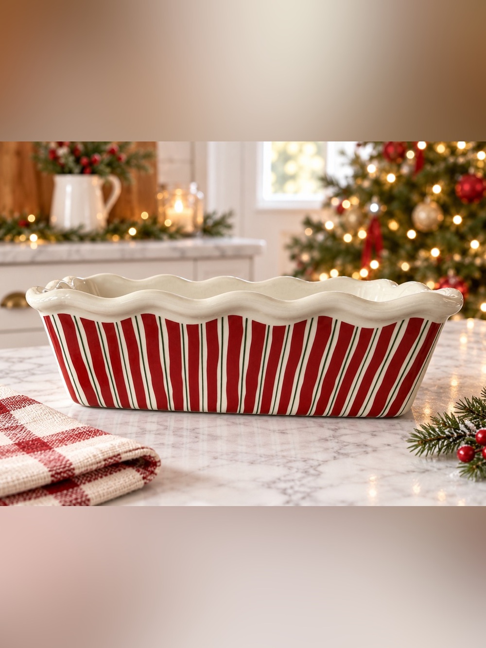 Holiday Red Green Stripe Scalloped Ceramic Baking Dish
